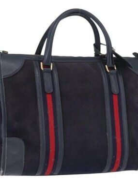 GUCCI Sherry Line Hand Bag Suede Leather Navy Gold Auth 170687